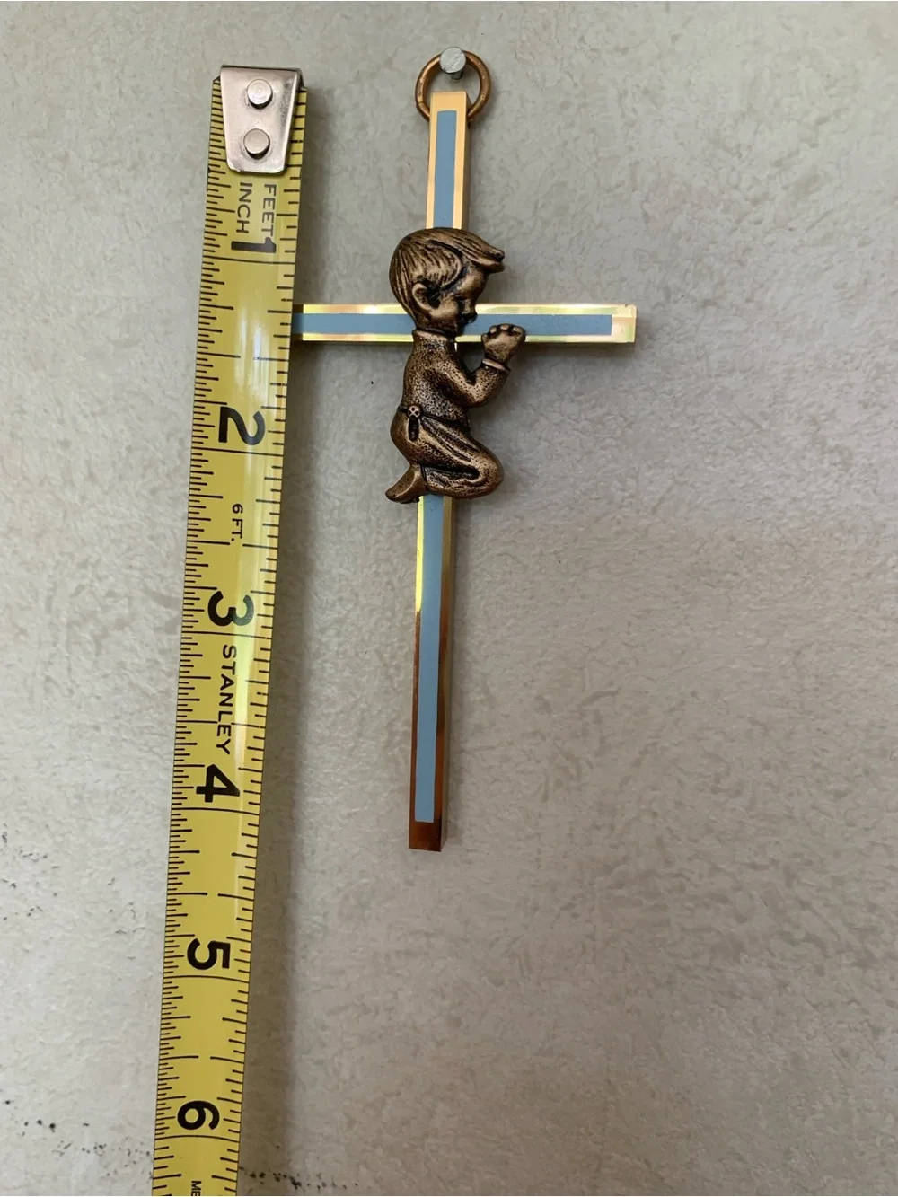 Vintage Gold-Tone w/Blue Enamel Cross Wall Decor with Praying Boy Wall Decor